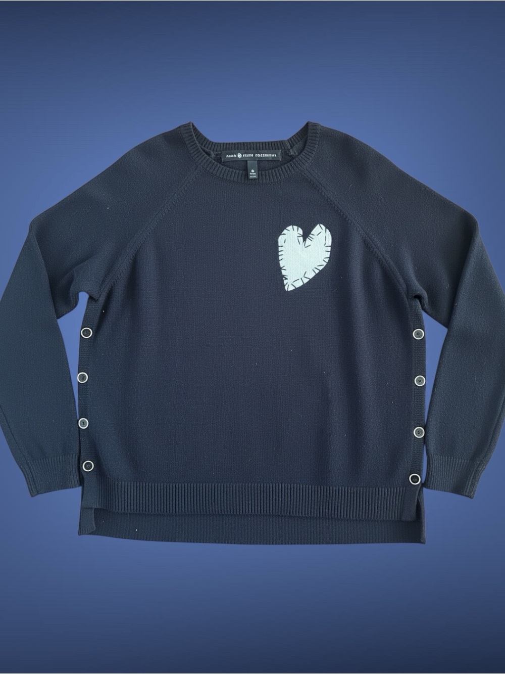AQUA × Kerri Rosenthal Whipstitched Heart Trim Crewneck Sweater in Black (S)